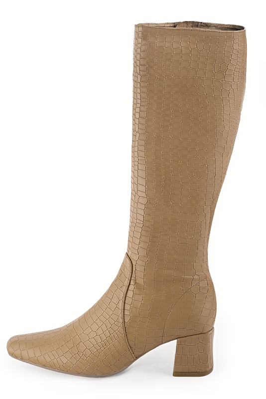Camel beige women's feminine knee-high boots. Square toe. Medium block heels. Made to measure. Profile view - Florence KOOIJMAN